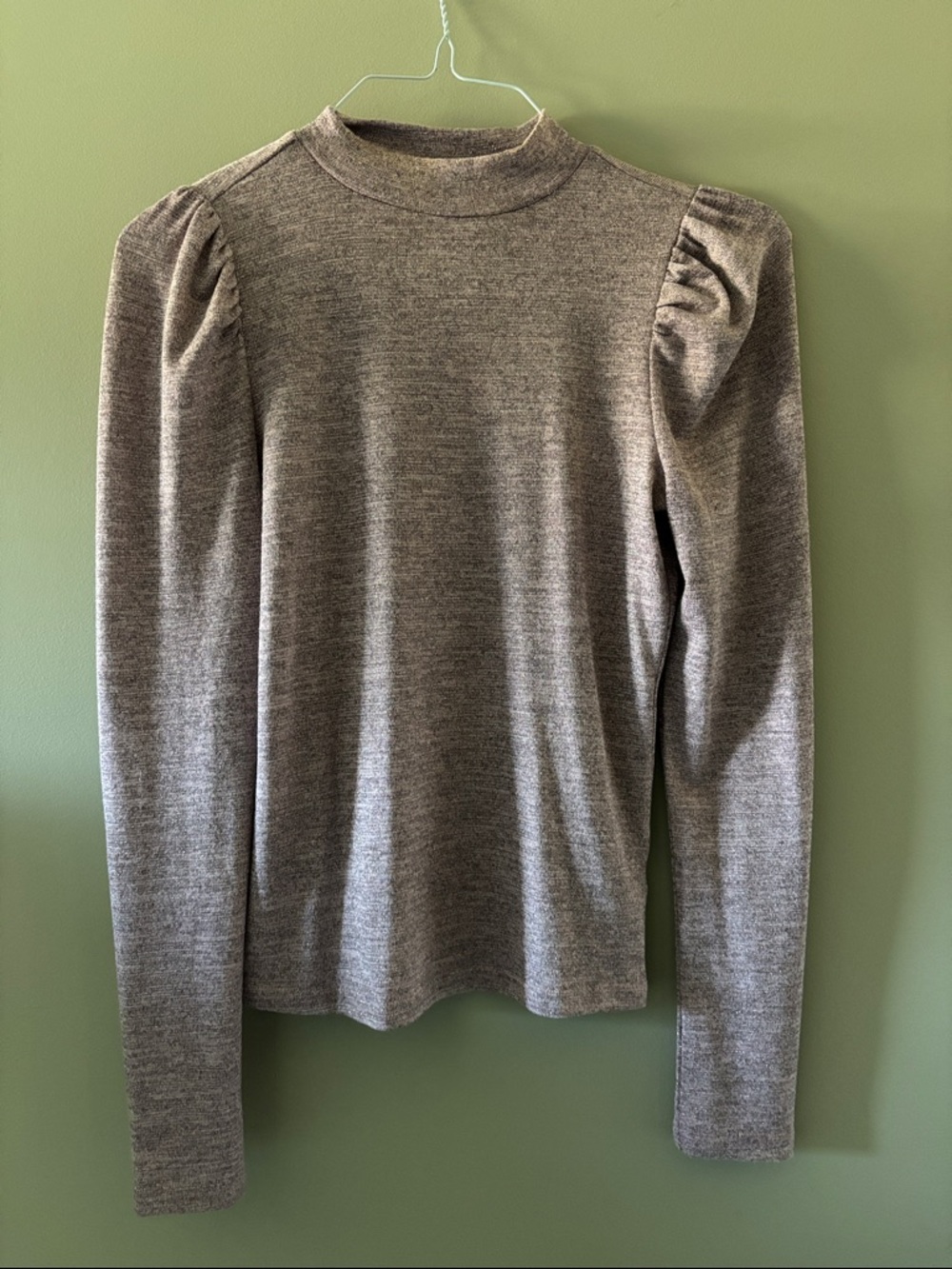Anthropologie Gray/Pink Mock Neck Puff Shoulder Long Sleeve Top